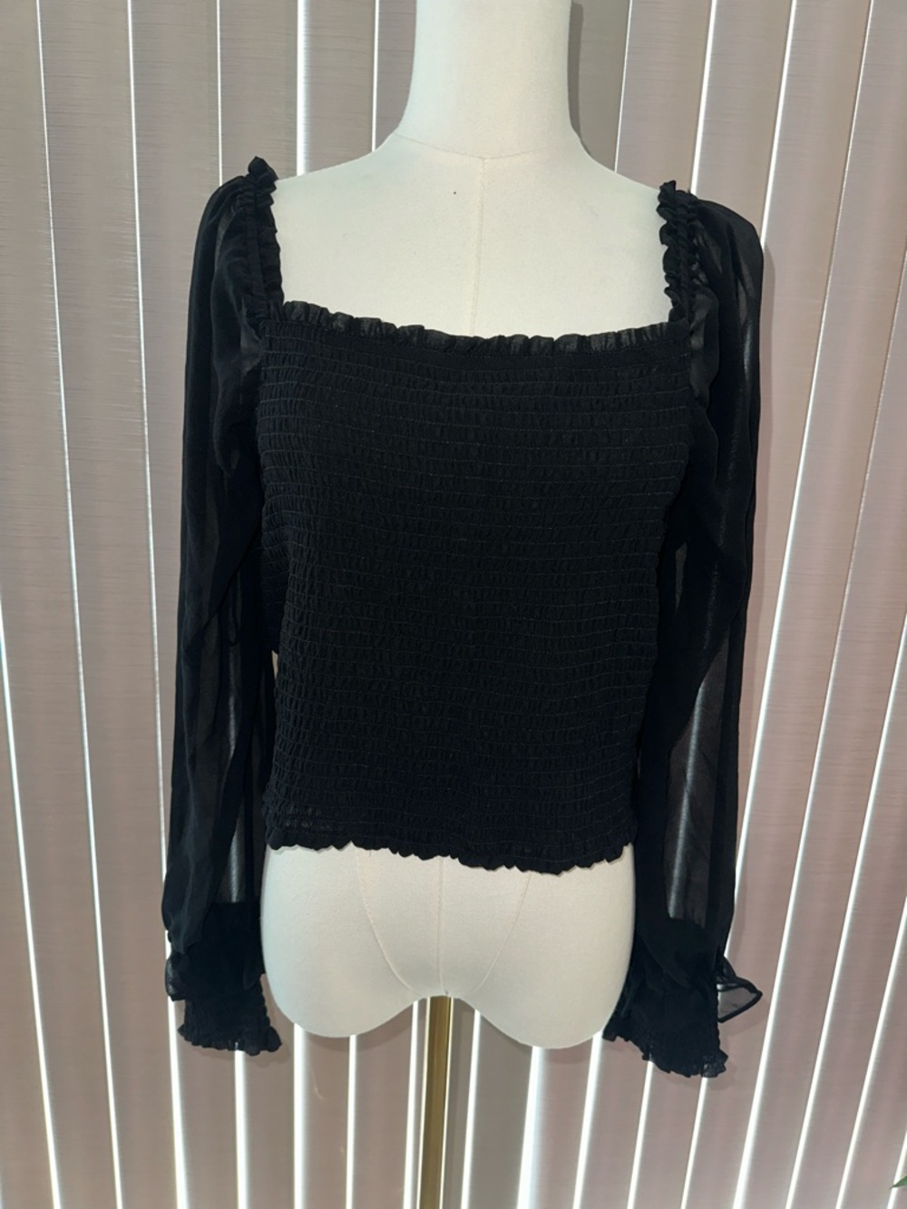 1. State Black Smocked Square-Neck Blouse with Sheer Bishop Sleeves